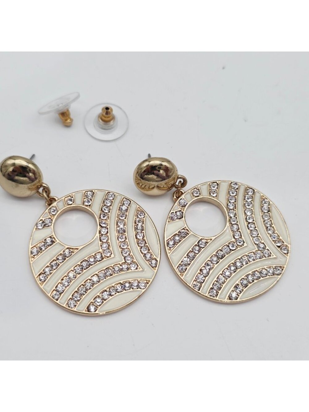 Vintage Gold-Tone White Enamel & Rhinestone Round Drop Earrings 2"